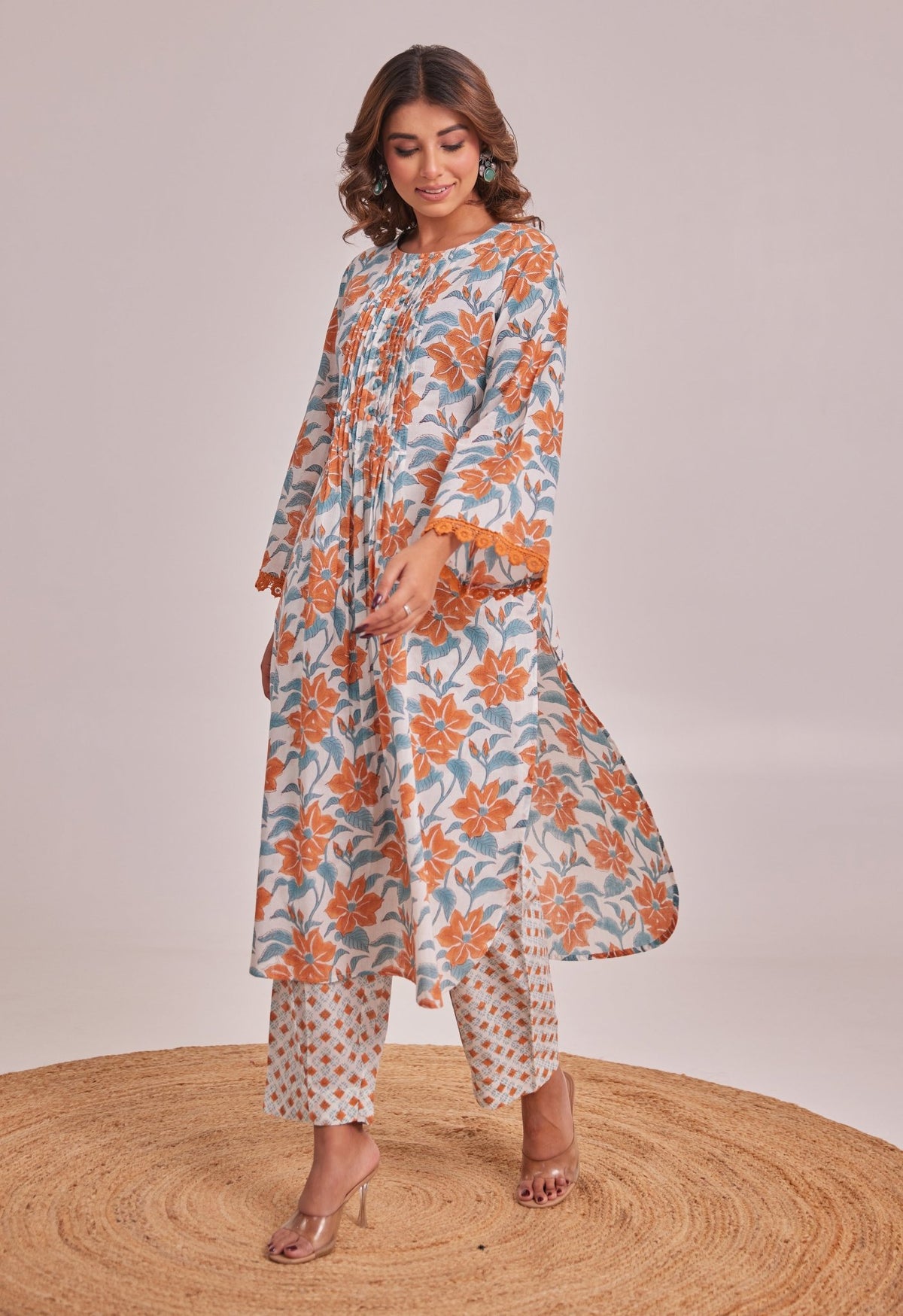 White And Orange Floral hand Block Printed Coord Set - Tara - C - Tara