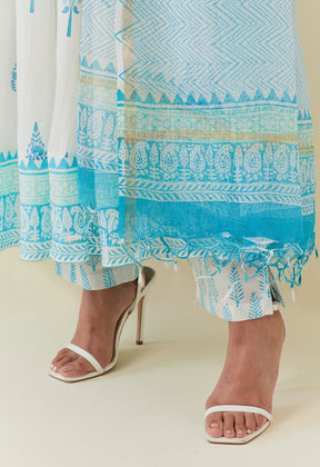 WHITE AND TURQUOISE HAND BLOCK PRINTED ANARKALI WITH DORIYA DUPATTA AND BOTTOMS - Tara - C - Tara