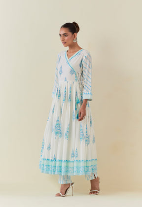 WHITE AND TURQUOISE HAND BLOCK PRINTED ANARKALI WITH DORIYA DUPATTA AND BOTTOMS - Tara - C - Tara