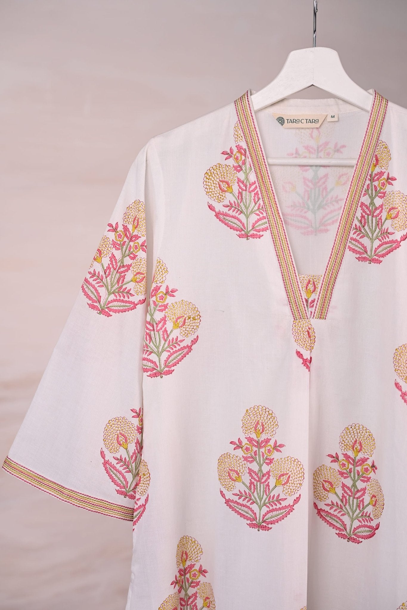 White Block Print Cotton Kurta - Tara - C - Tara