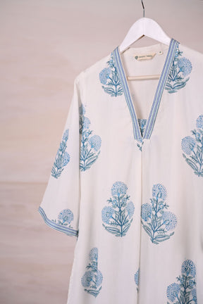 White Block Print Cotton Kurta - Tara - C - Tara