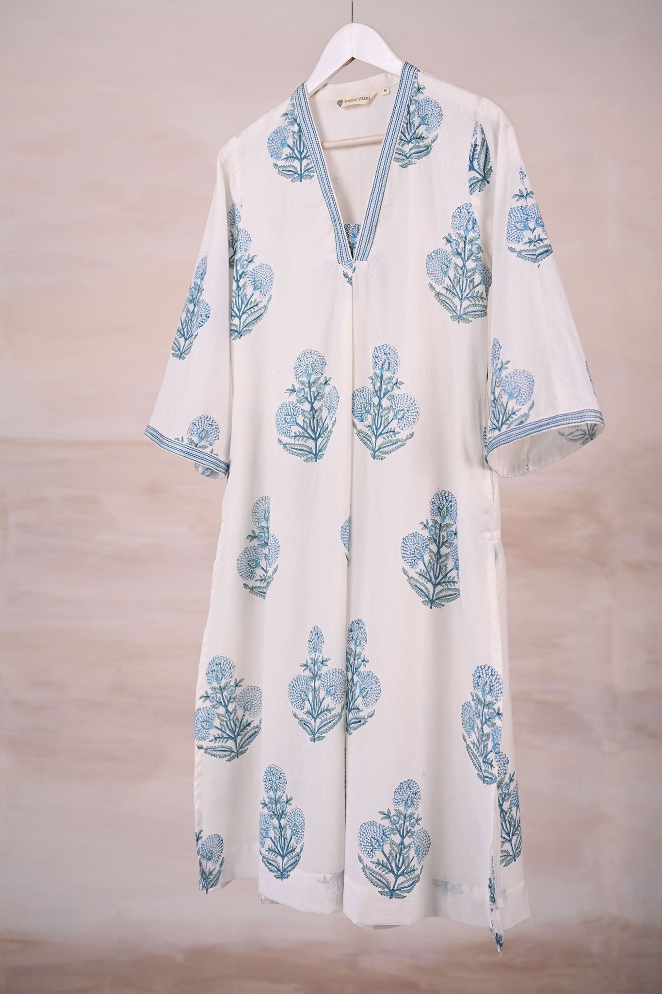 White Block Print Cotton Kurta - Tara - C - Tara