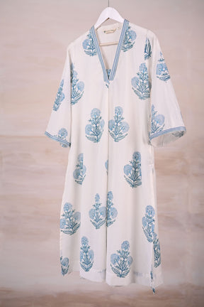 White Block Print Cotton Kurta - Tara - C - Tara
