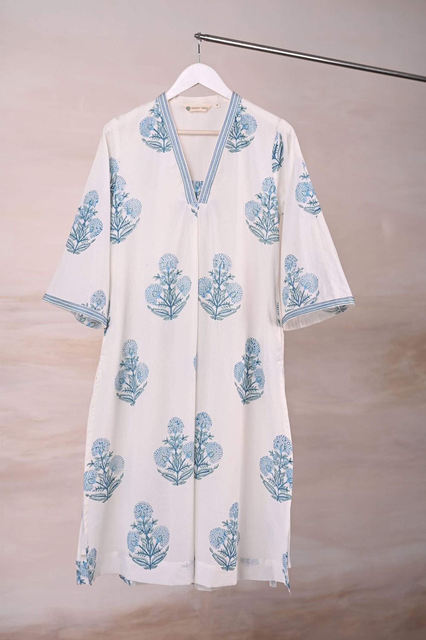 White Block Print Cotton Kurta - Tara - C - Tara