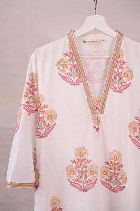 White Block Print Cotton Kurta - Tara - C - Tara