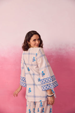 White & Blue Check Floral Hand Block Printed Co-ord Set - Tara-C-Tara