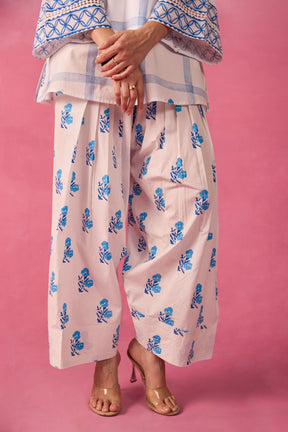White & Blue Check Floral Hand Block Printed Co-ord Set - Tara-C-Tara