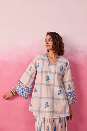 White & Blue Check Floral Hand Block Printed Co-ord Set - Tara-C-Tara
