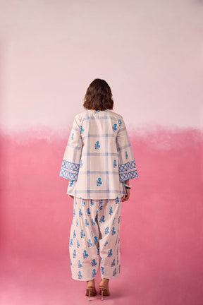 White & Blue Check Floral Hand Block Printed Co-ord Set - Tara-C-Tara