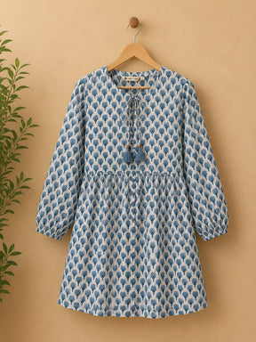 White & Blue Flower Motif Block Print Peplum Top - Tara-C-Tara