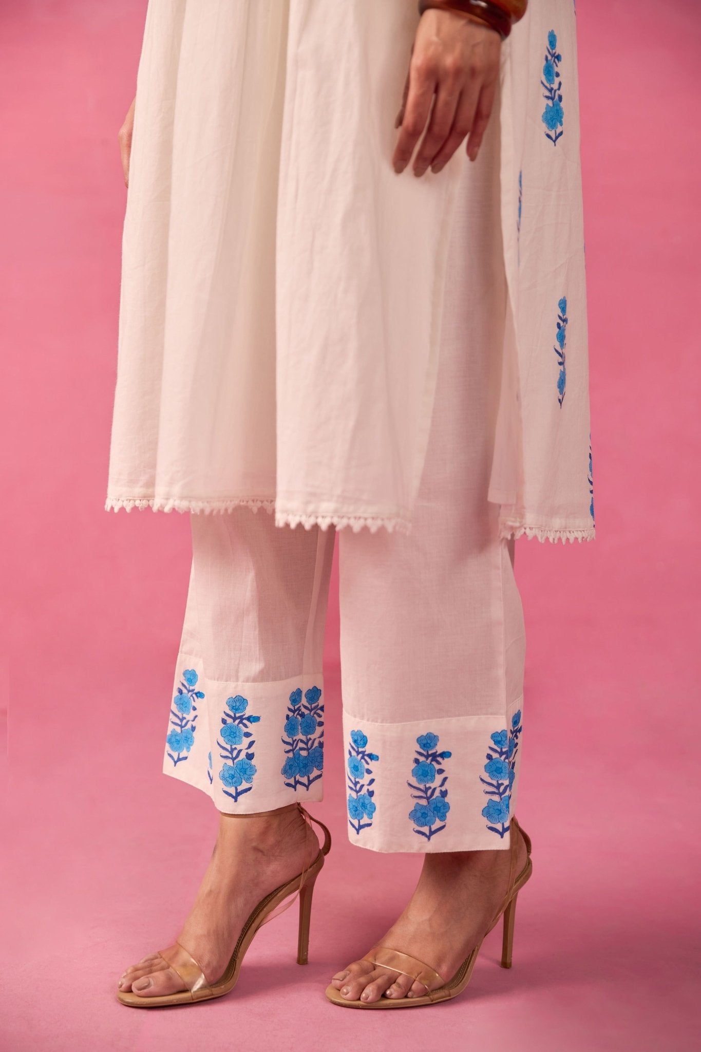 White & Blue Hand Block Print Pintuck Co-ord Set - Tara-C-Tara