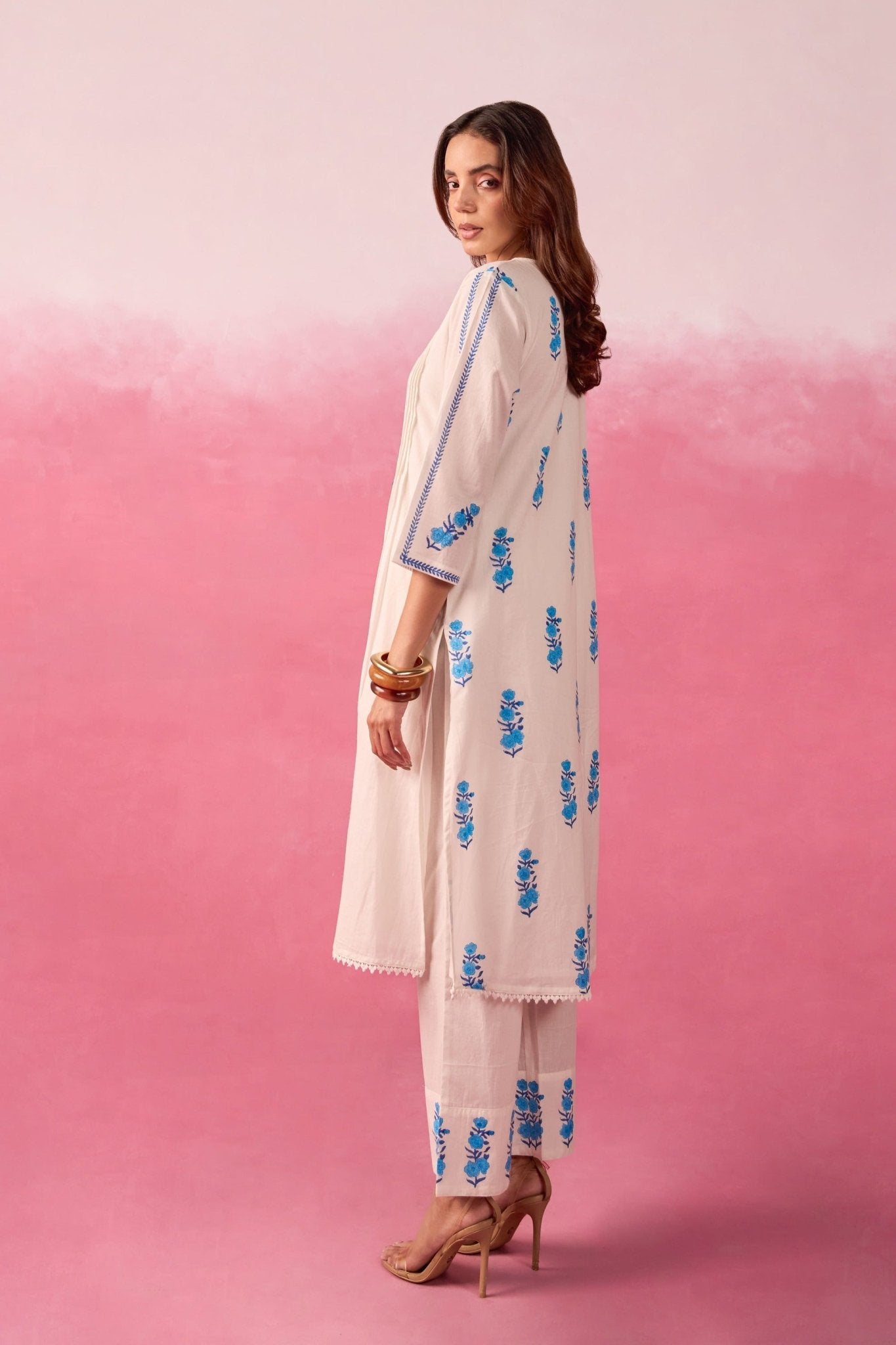 White & Blue Hand Block Print Pintuck Co-ord Set - Tara-C-Tara