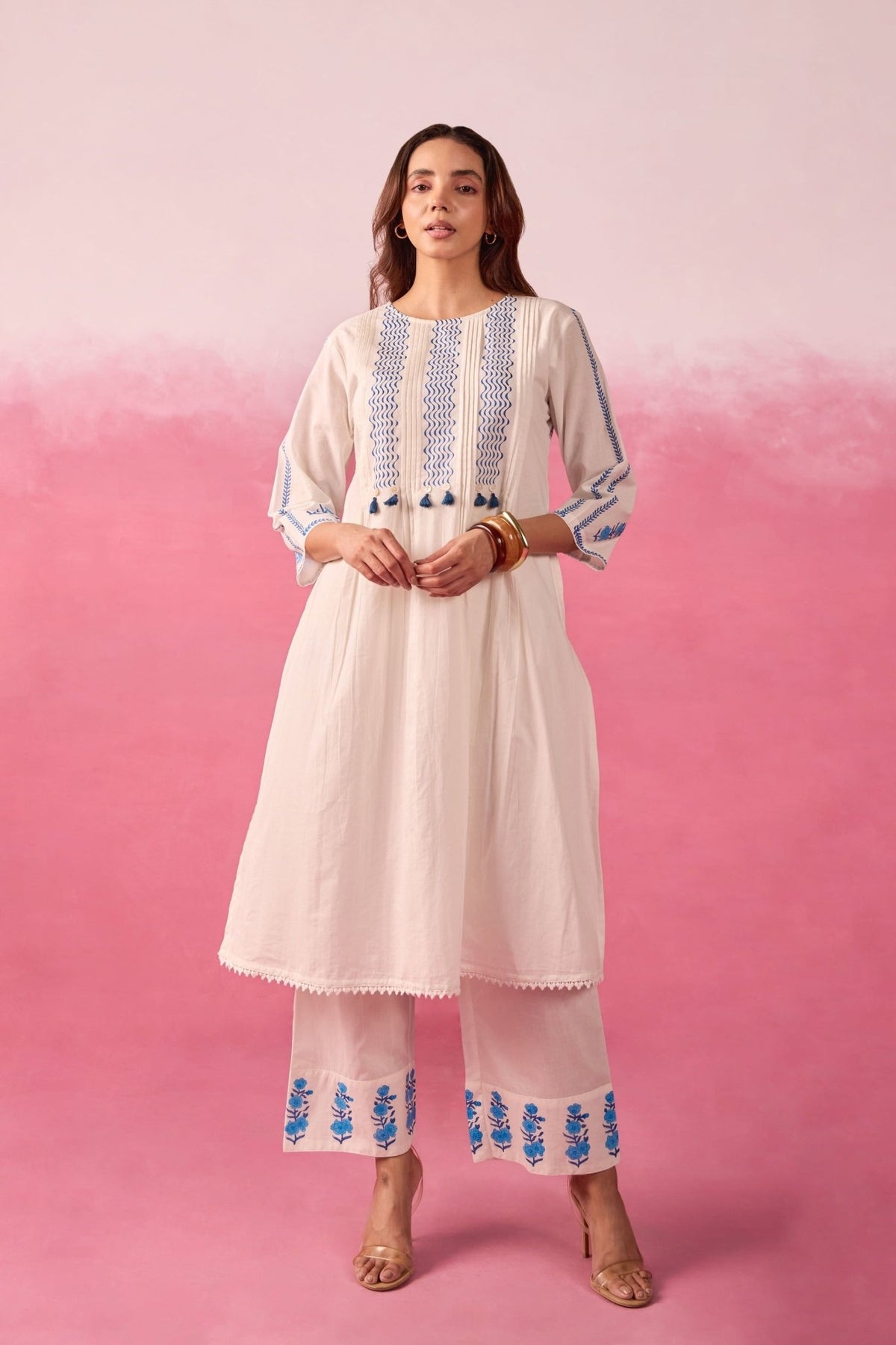 White & Blue Hand Block Print Pintuck Co-ord Set - Tara-C-Tara