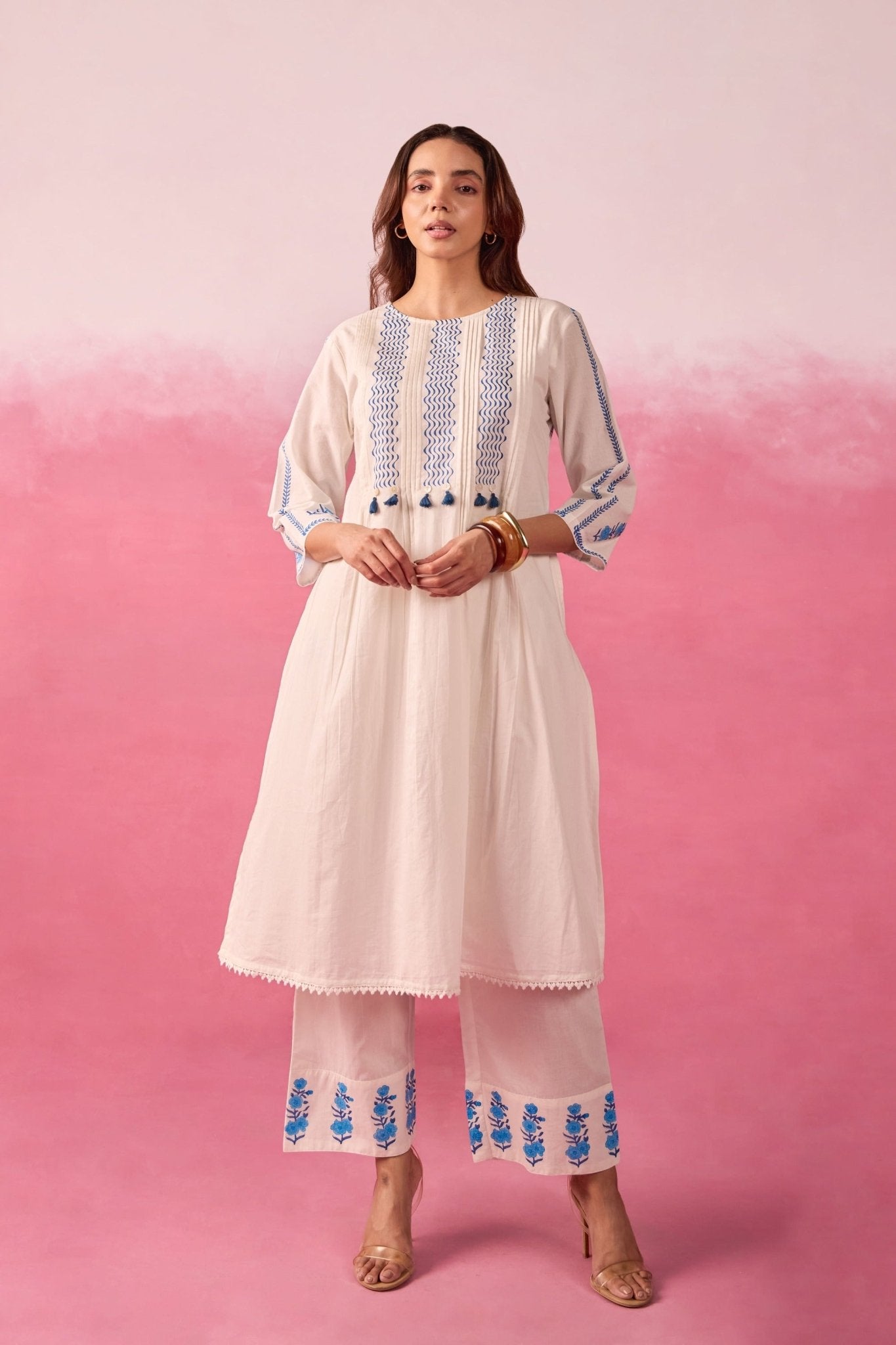 White & Blue Hand Block Print Pintuck Co-ord Set - Tara-C-Tara