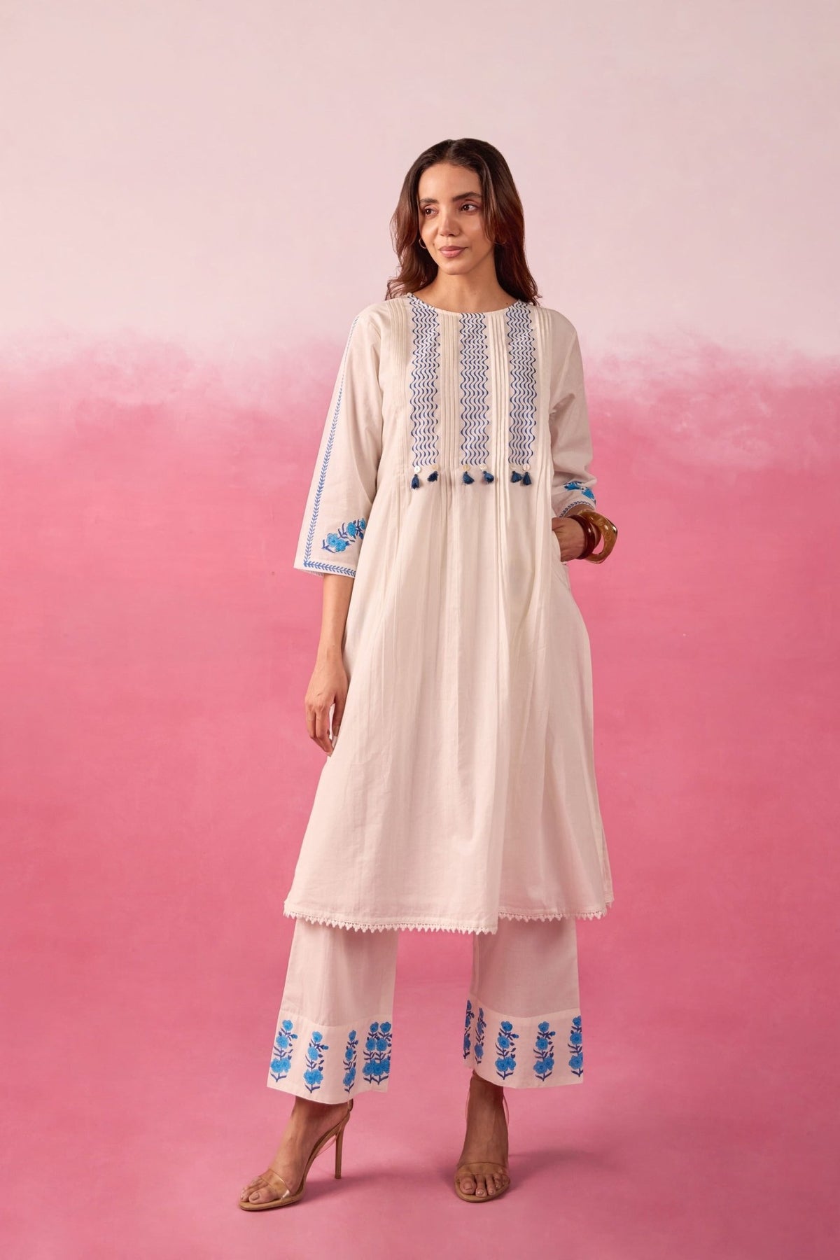White & Blue Hand Block Print Pintuck Co-ord Set - Tara-C-Tara