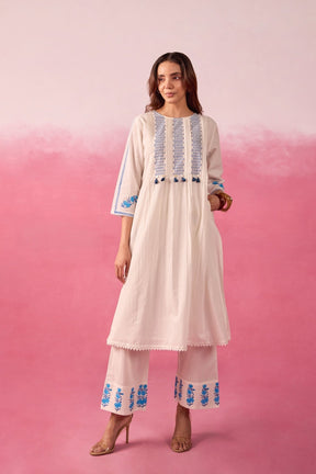 White & Blue Hand Block Print Pintuck Co-ord Set - Tara-C-Tara