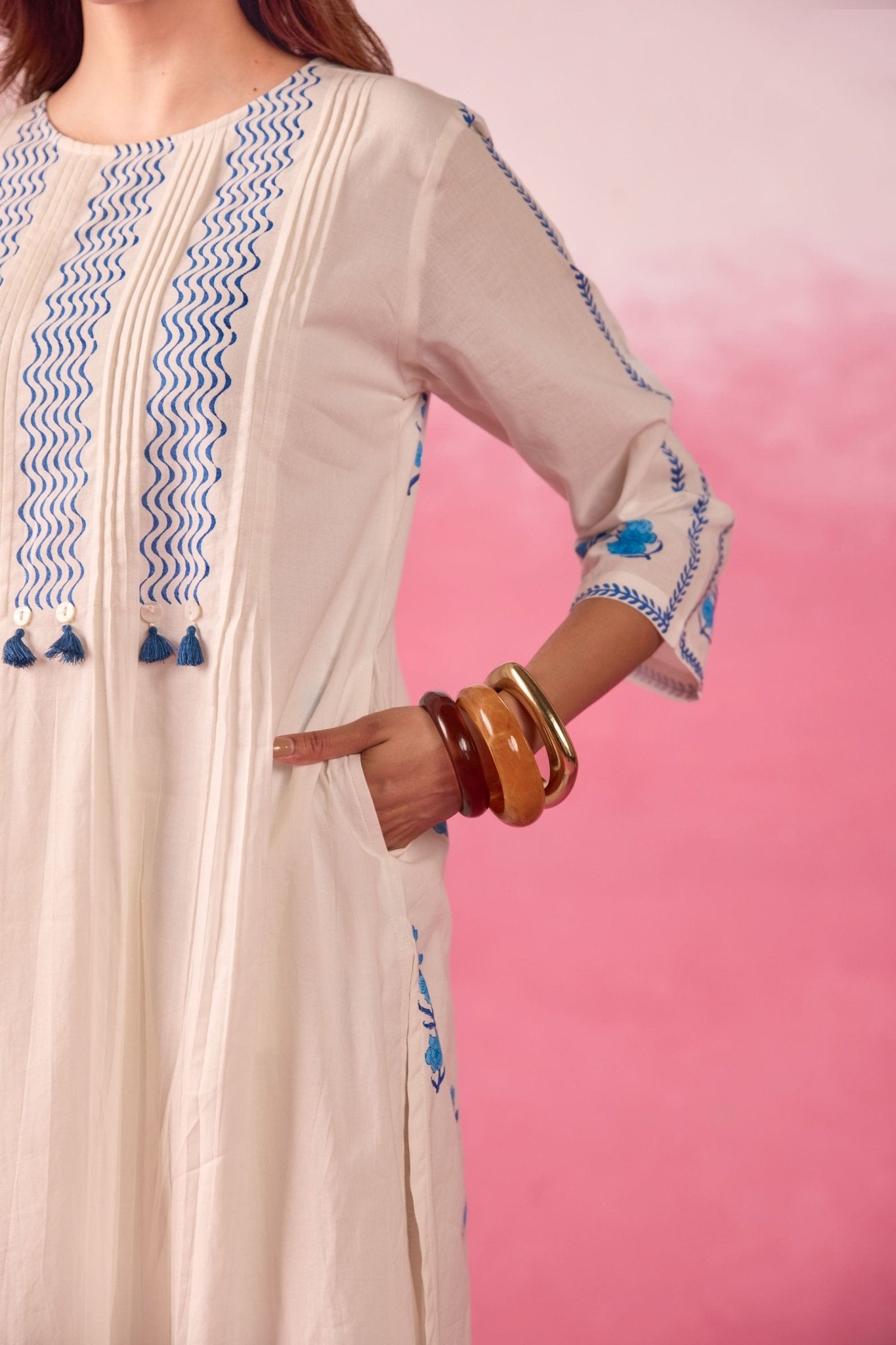 White & Blue Hand Block Print Pintuck Co-ord Set - Tara-C-Tara
