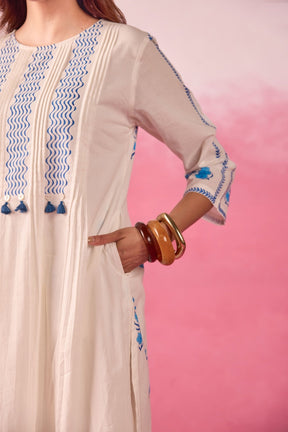 White & Blue Hand Block Print Pintuck Co-ord Set - Tara-C-Tara