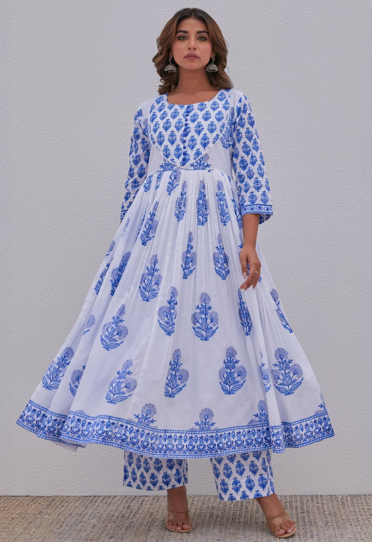 White Blue Hand Block Printed Anarkali kurta Set - Tara - C - Tara