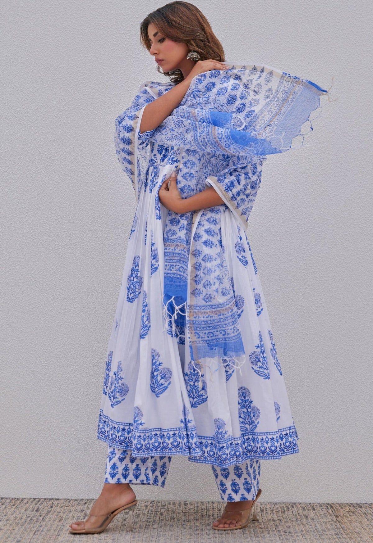 White Blue Hand Block Printed Anarkali kurta Set - Tara - C - Tara