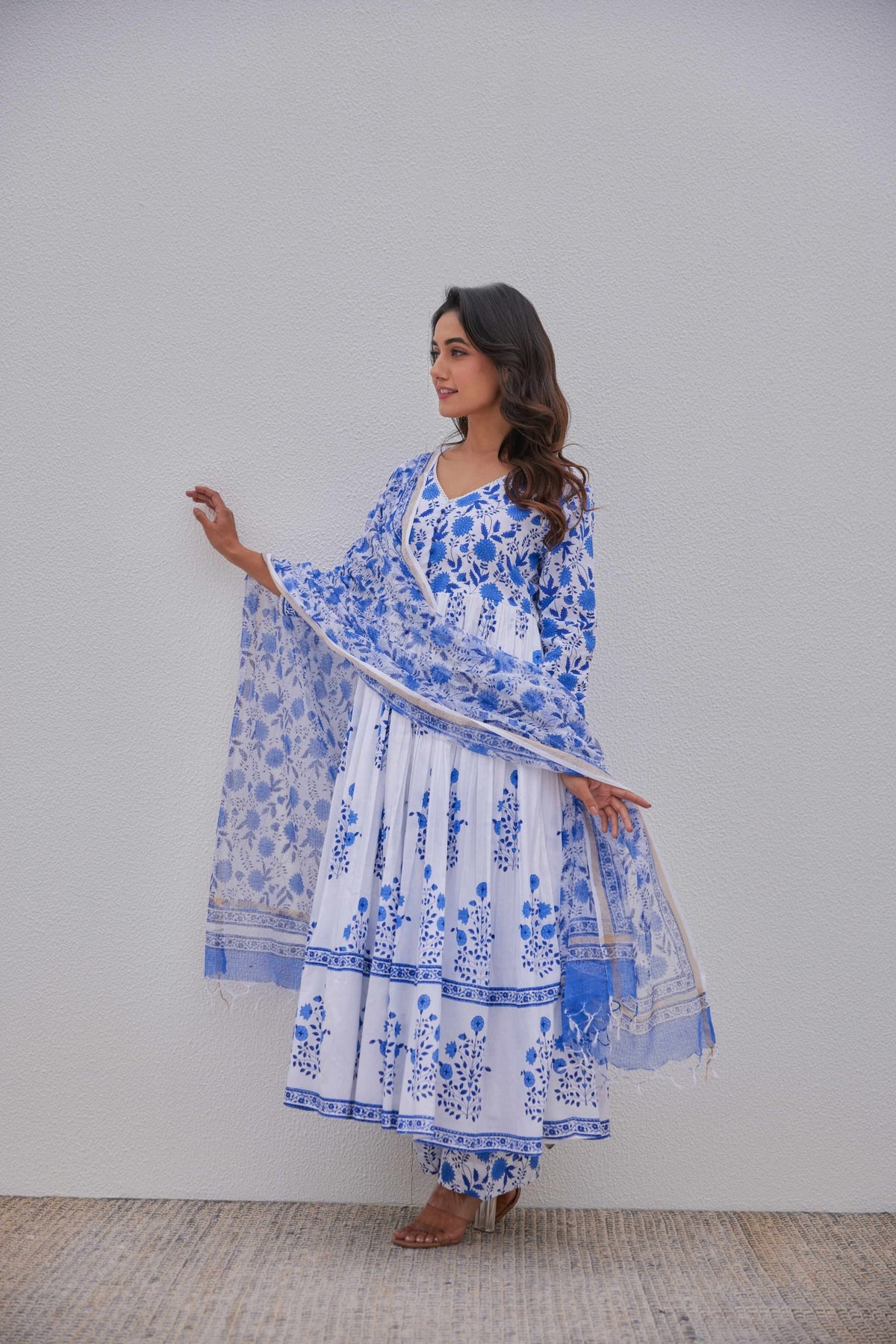 White Blue Hand Block Printed Anarkali Set - Tara - C - Tara