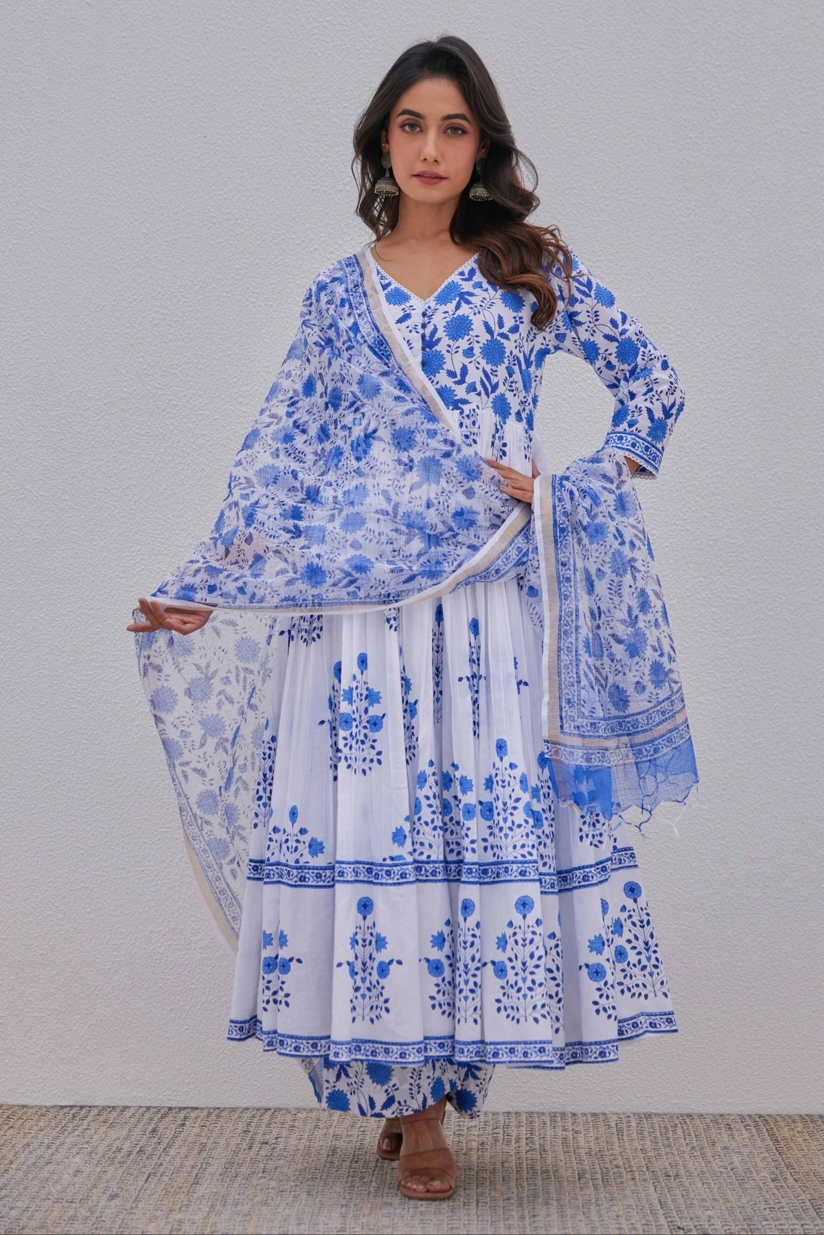 White Blue Hand Block Printed Anarkali Set - Tara - C - Tara