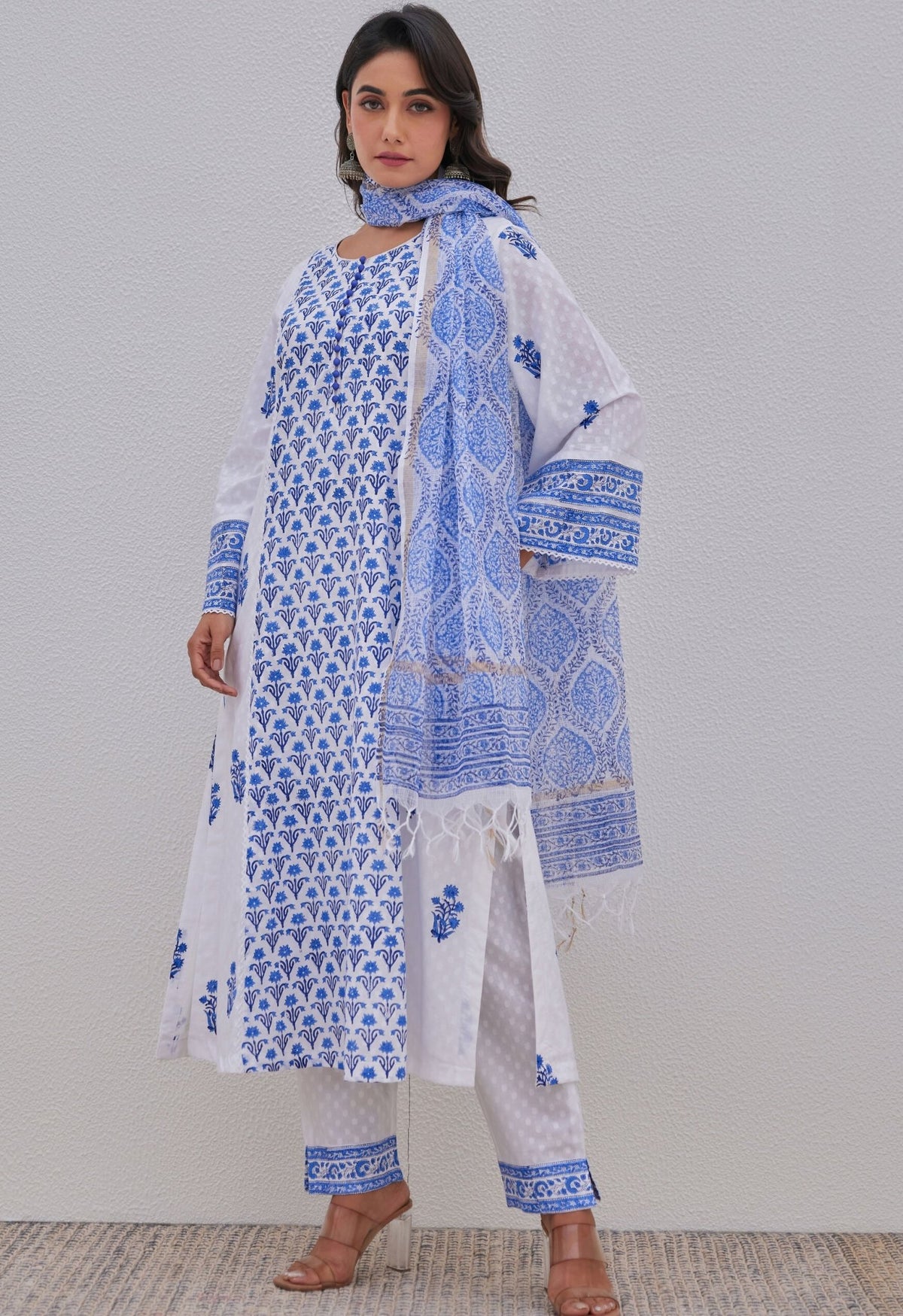 White Blue Hand Block Printed Kurta Set - Tara - C - Tara