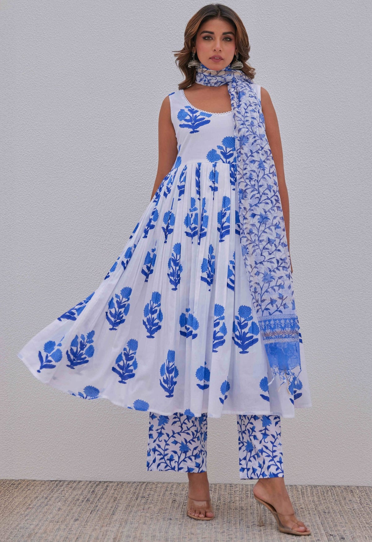 White Blue Hand Block Printed Kurta Set - Tara - C - Tara