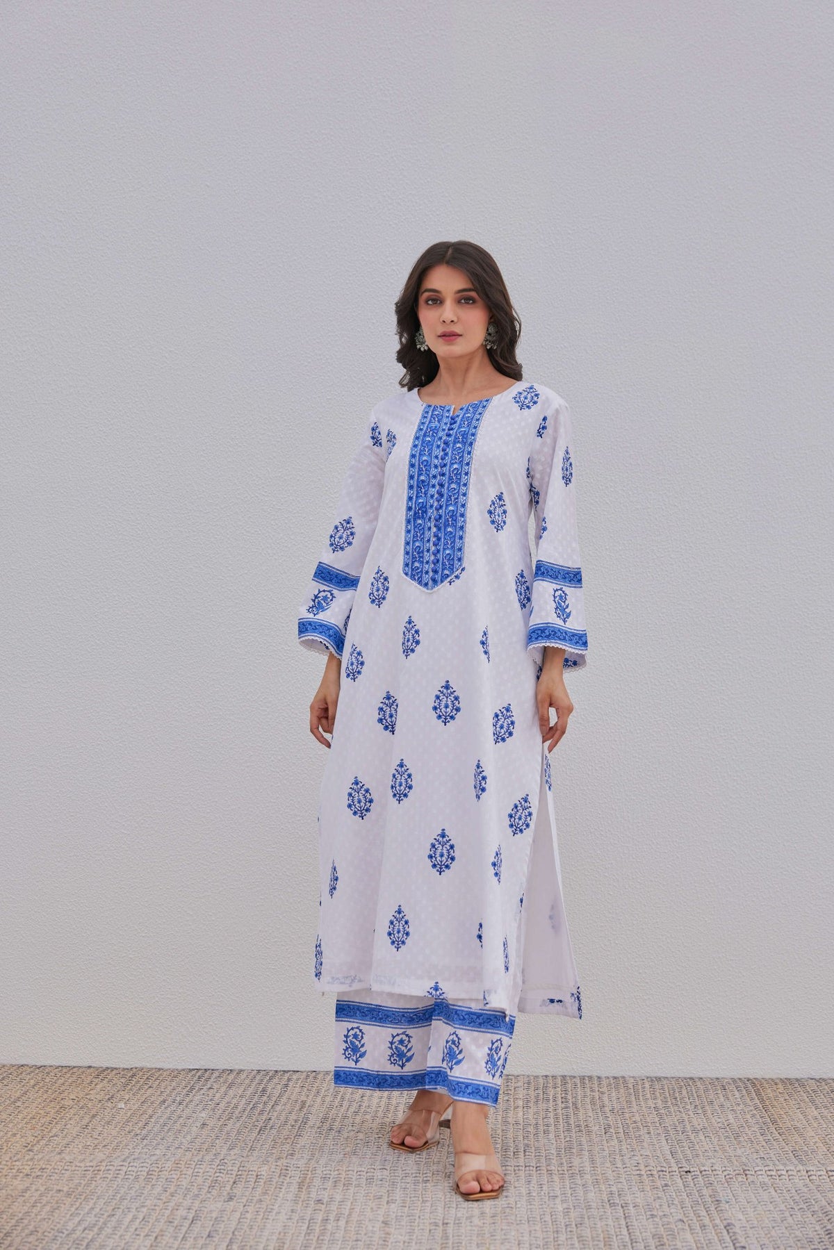 White Blue Hand Block Printed Kurta Set - Tara - C - Tara