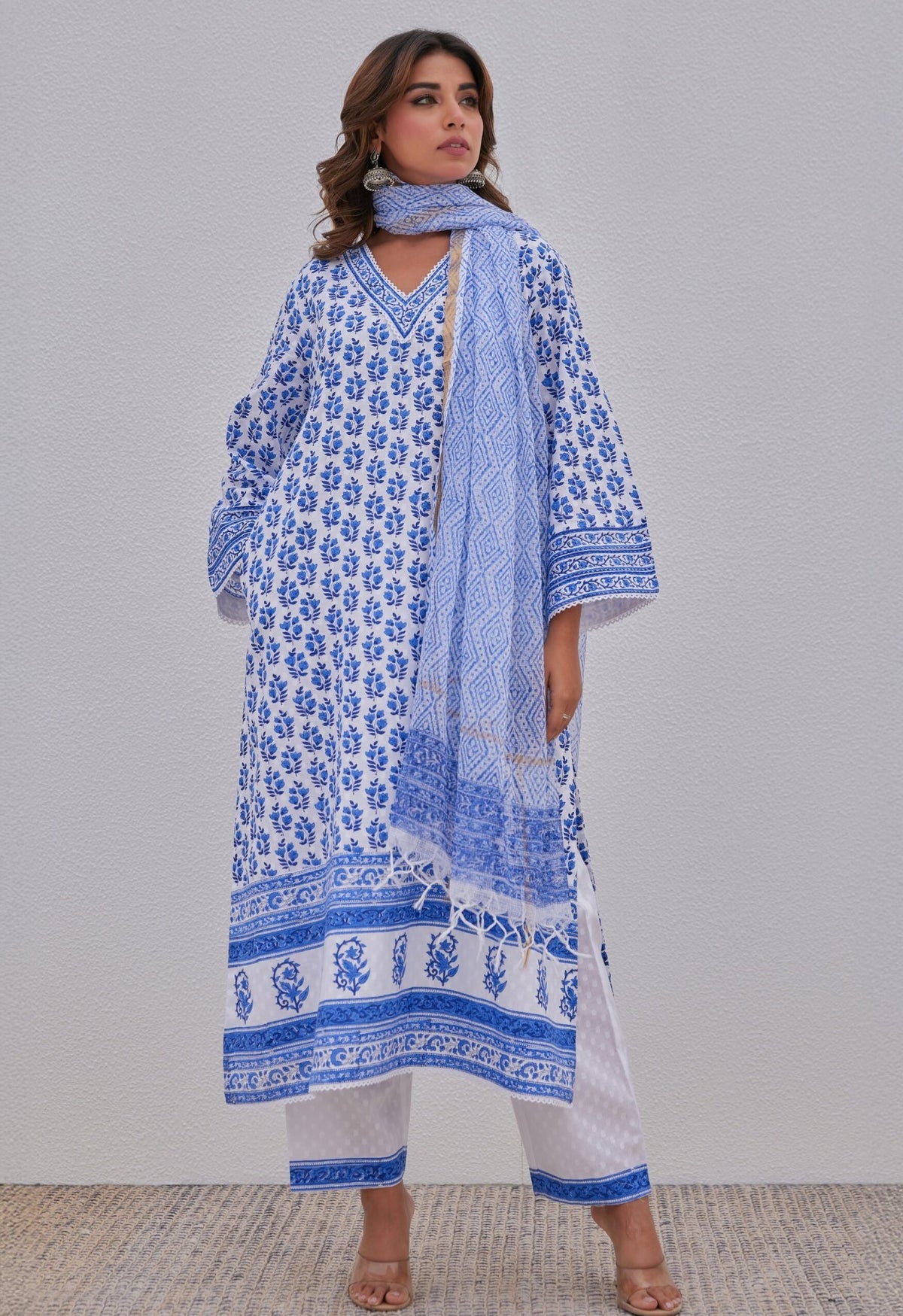 White Blue Hand Block Printed Kurta Set - Tara - C - Tara