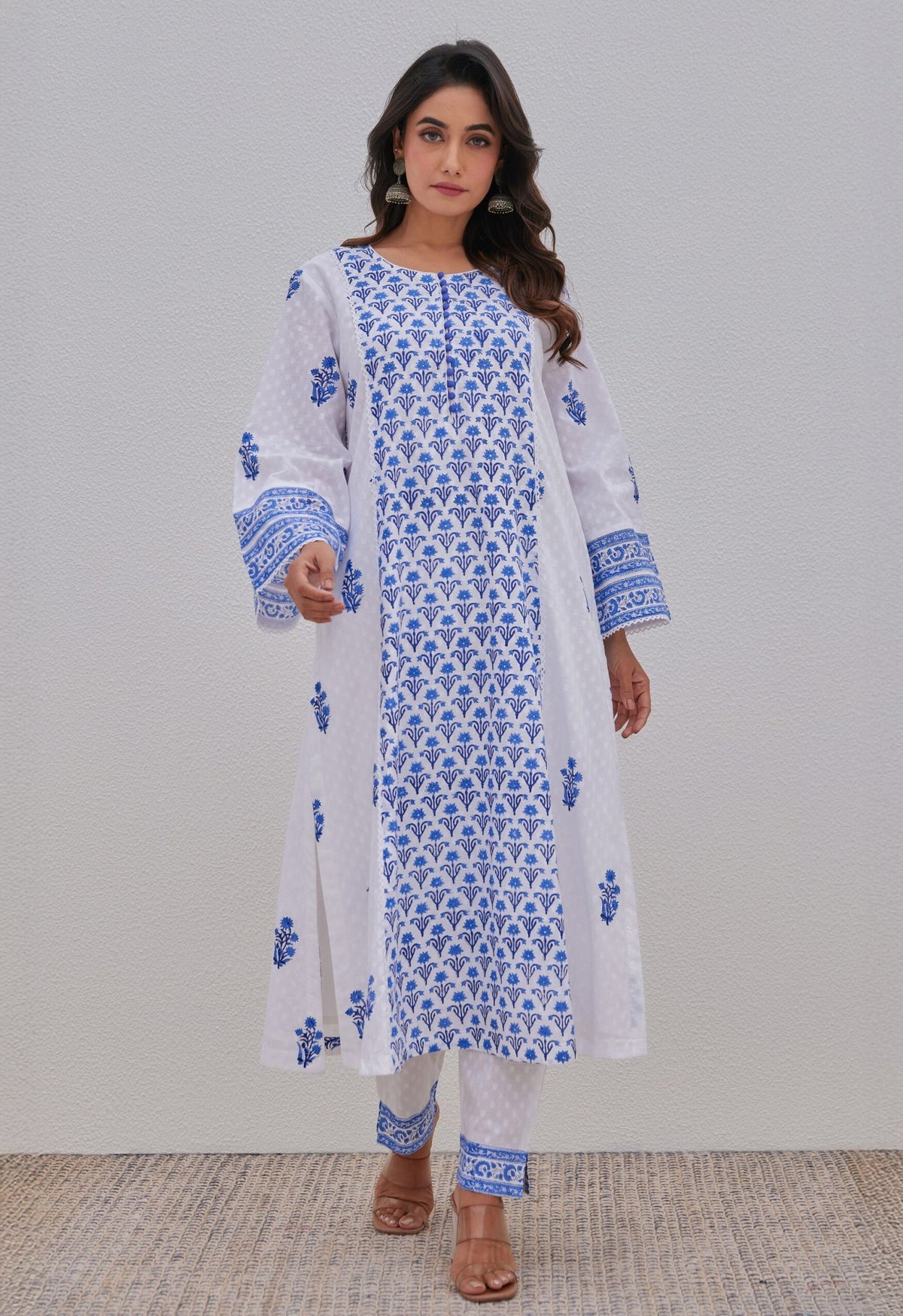 White Blue Hand Block Printed Kurta Set - Tara - C - Tara