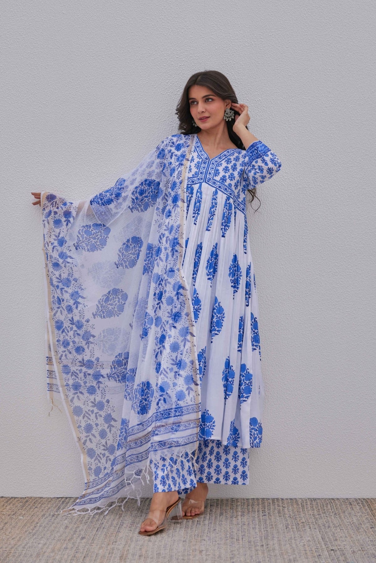 White Blue Hand Block Printed Kurta Set - Tara - C - Tara