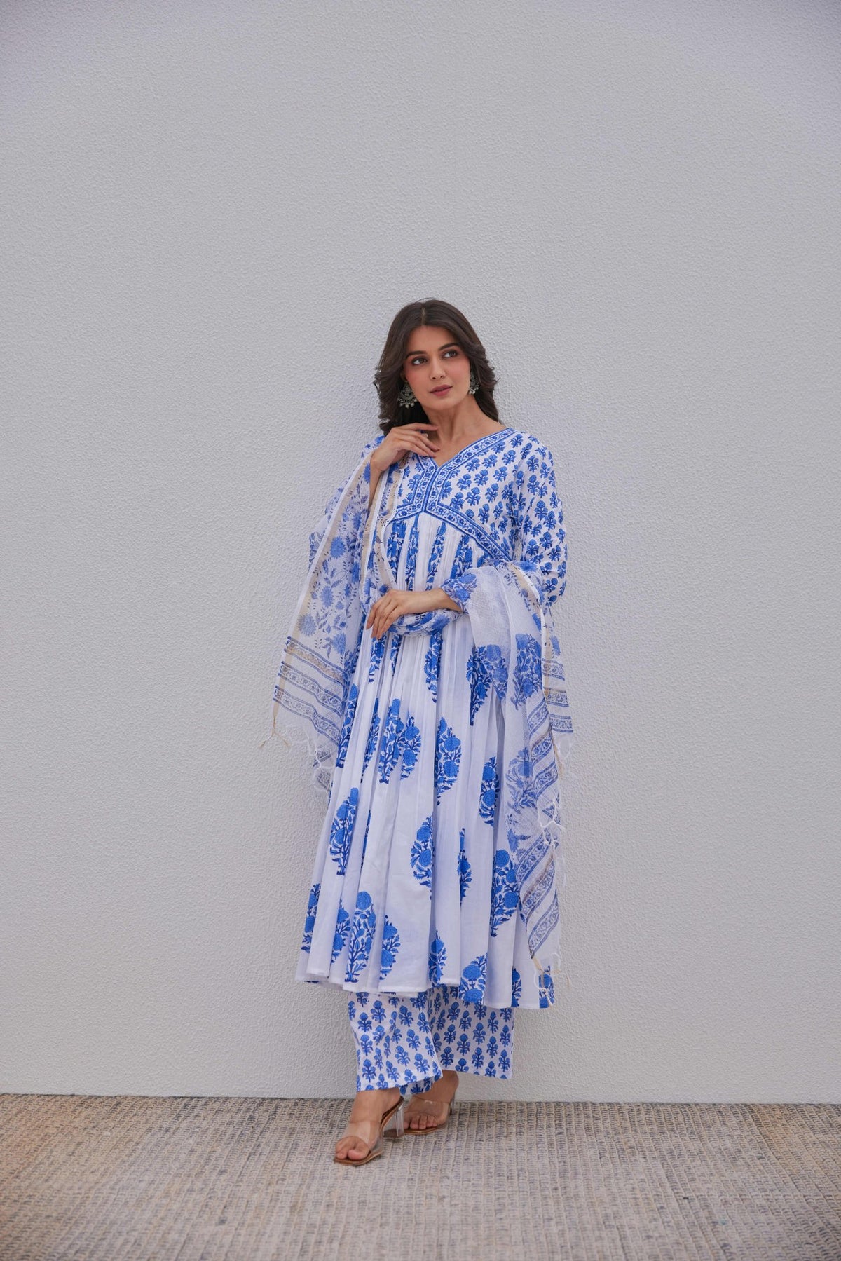 White Blue Hand Block Printed Kurta Set - Tara - C - Tara