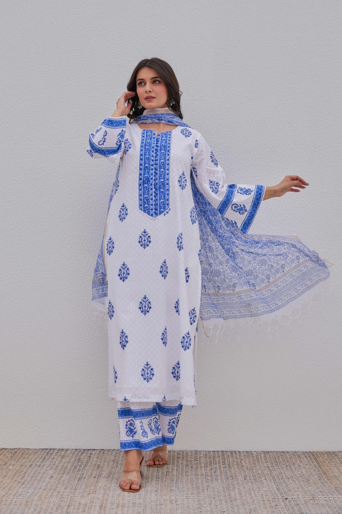 White Blue Hand Block Printed Kurta Set - Tara - C - Tara