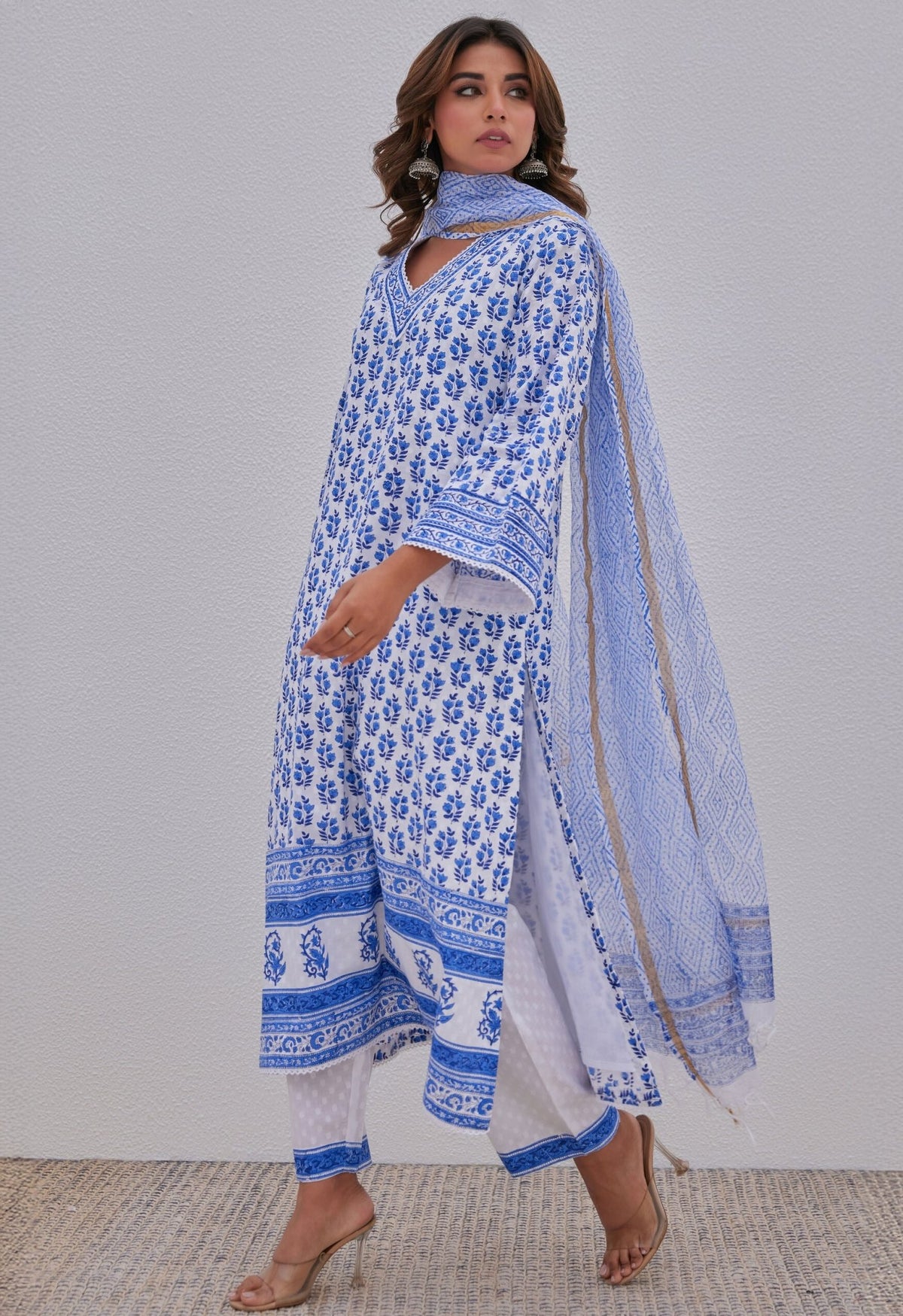 White Blue Hand Block Printed Kurta Set - Tara - C - Tara