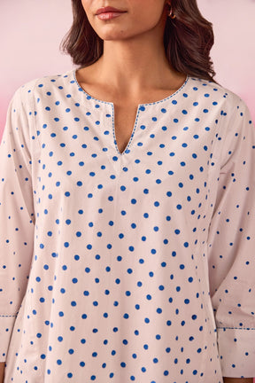 White & Blue Polka Dot & Paisley Hand Block Printed Co-ord Set - Tara-C-Tara