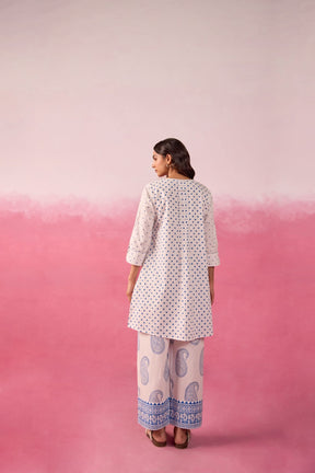 White & Blue Polka Dot & Paisley Hand Block Printed Co-ord Set - Tara-C-Tara