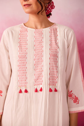 White & Coral Pink Hand Block Print Pintuck Co-ord Set - Tara-C-Tara