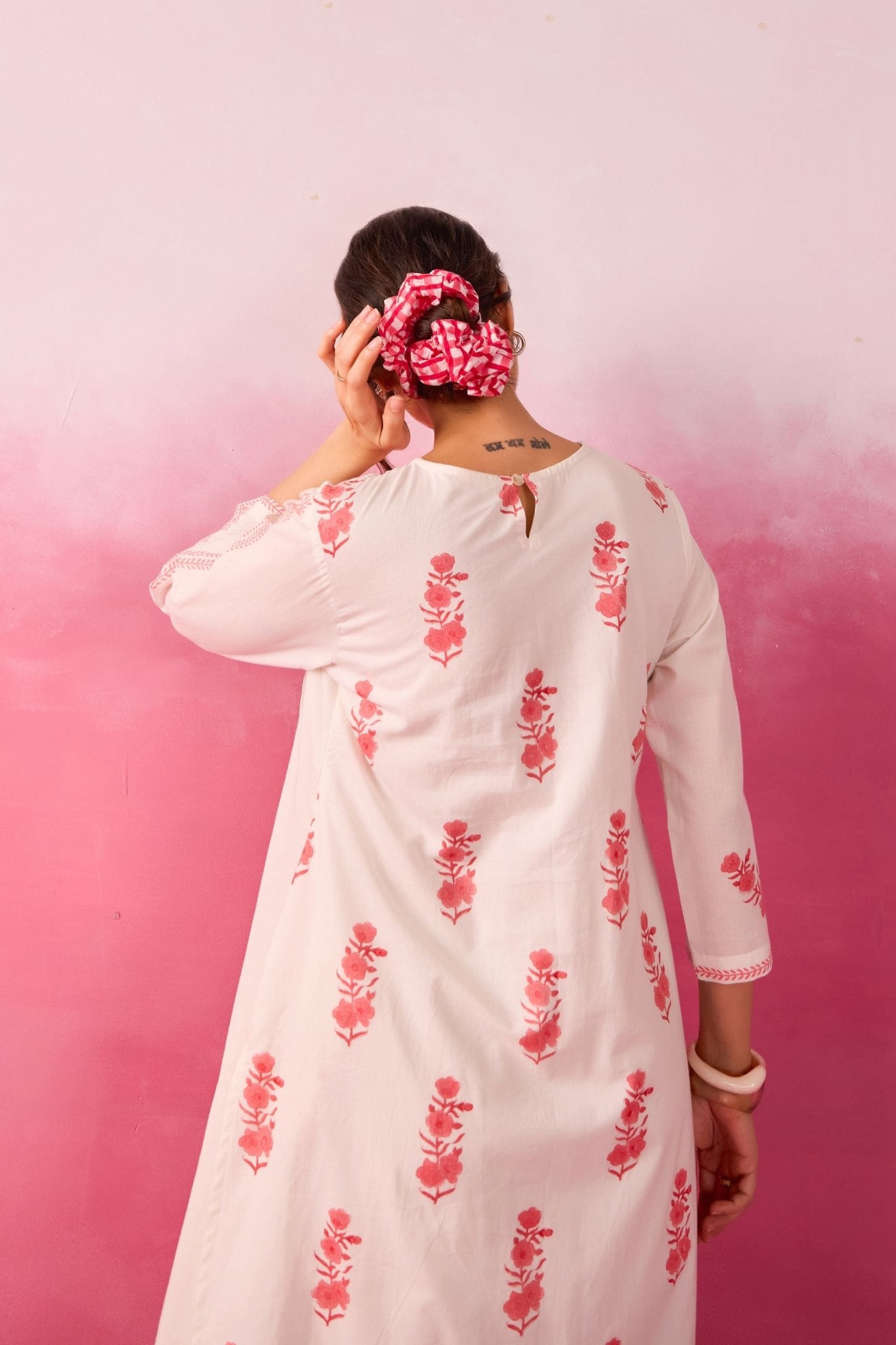 White & Coral Pink Hand Block Print Pintuck Co-ord Set - Tara-C-Tara