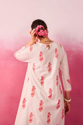 White & Coral Pink Hand Block Print Pintuck Co-ord Set - Tara-C-Tara