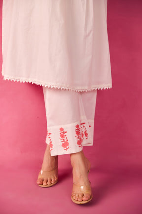 White & Coral Pink Hand Block Print Pintuck Co-ord Set - Tara-C-Tara