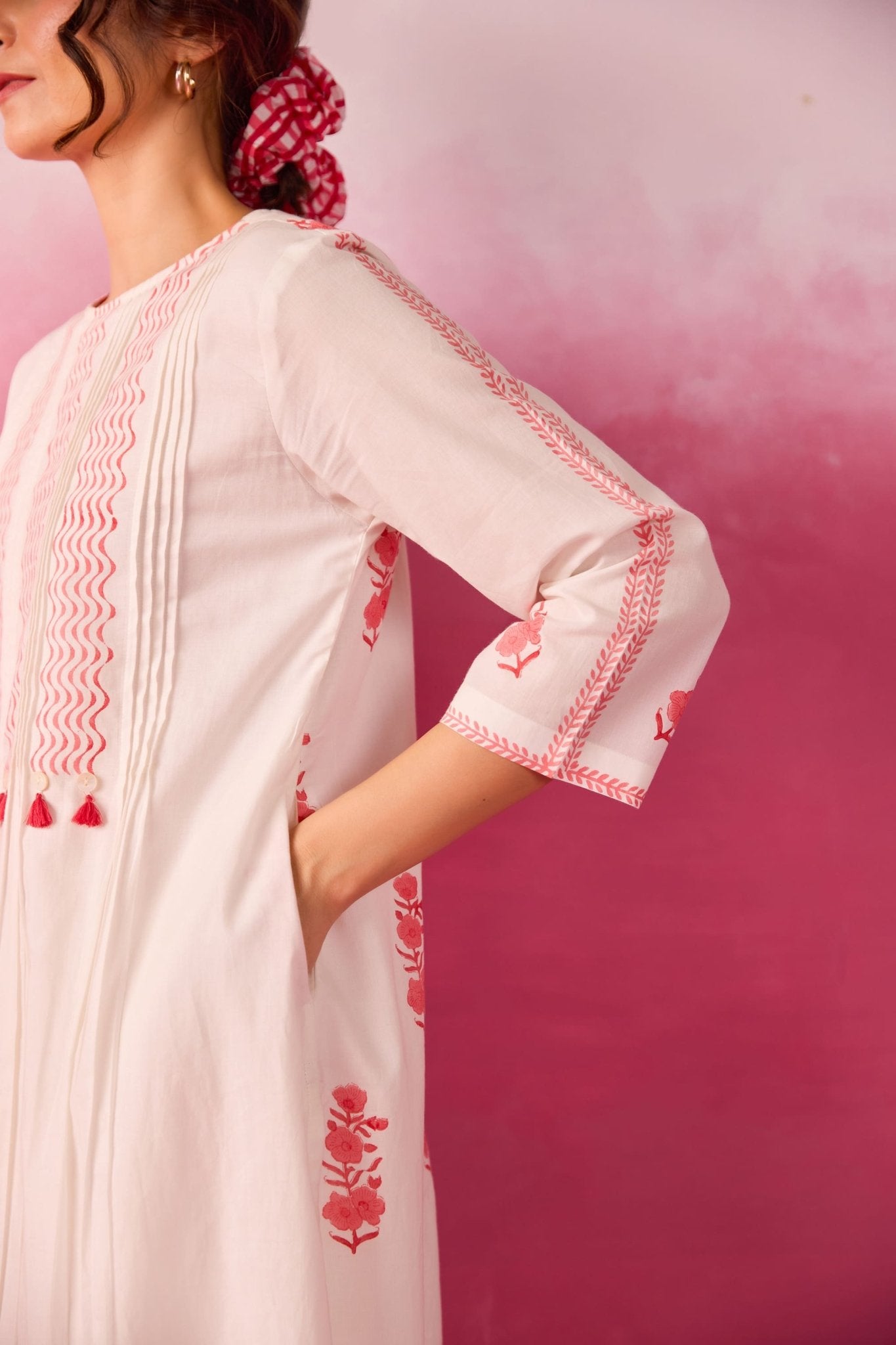 White & Coral Pink Hand Block Print Pintuck Co-ord Set - Tara-C-Tara