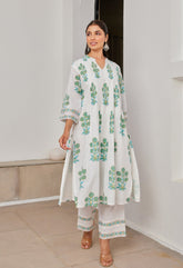White Cotton hand Block Printed Coord Set - Tara - C - Tara