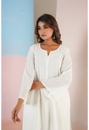 White Cotton Self Stripped Coord Set - Tara - C - Tara