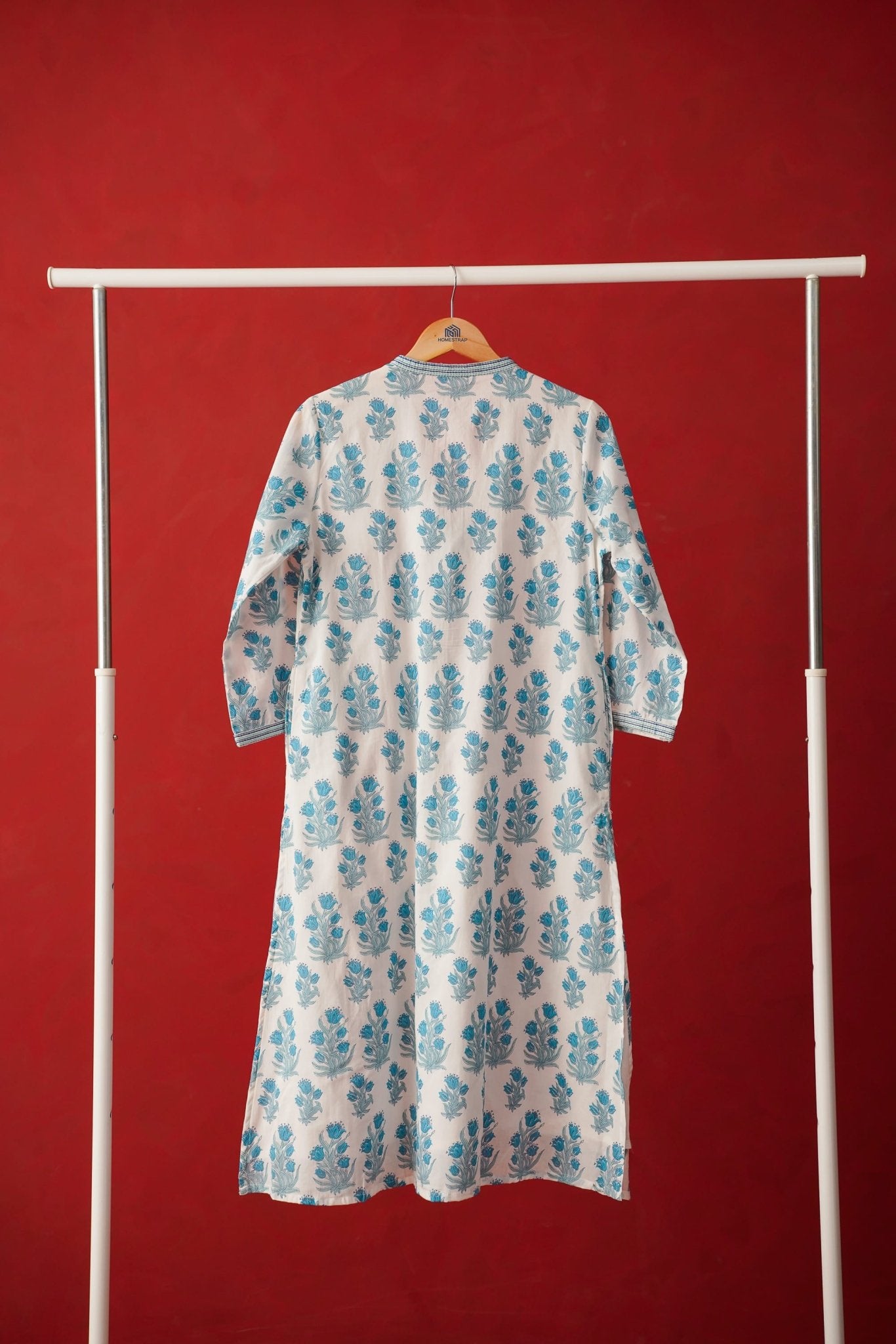 White Floral Block Print Cotton Kurta - Tara - C - Tara