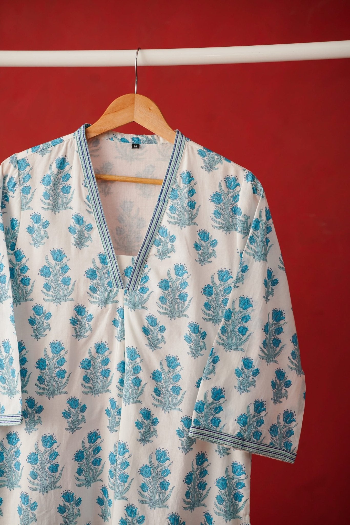 White Floral Block Print Cotton Kurta - Tara - C - Tara