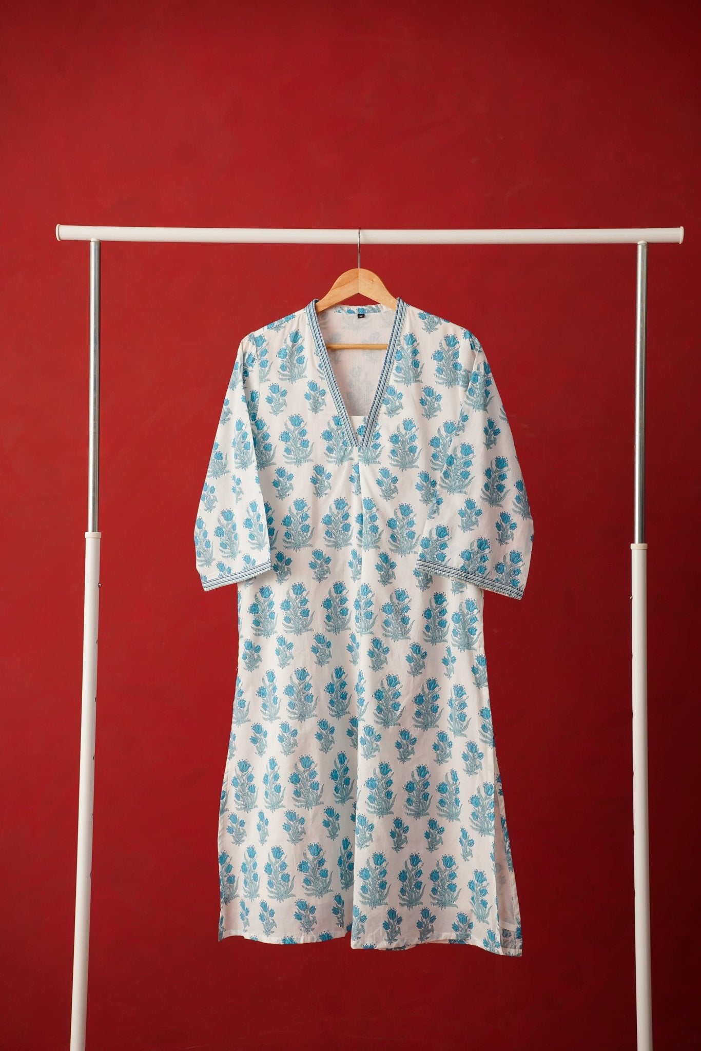 White Floral Block Print Cotton Kurta - Tara - C - Tara