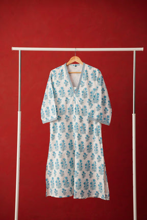 White Floral Block Print Cotton Kurta - Tara - C - Tara