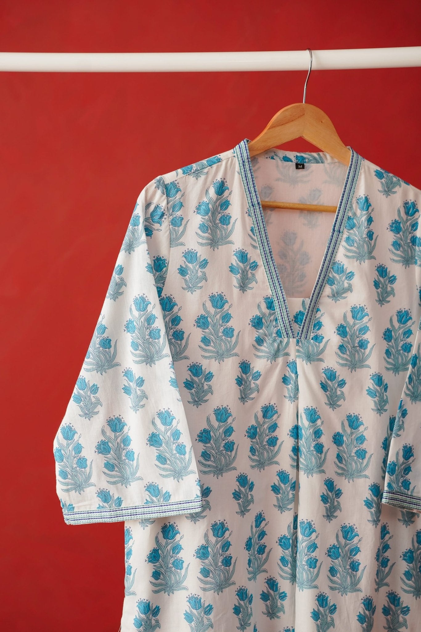 White Floral Block Print Cotton Kurta - Tara - C - Tara