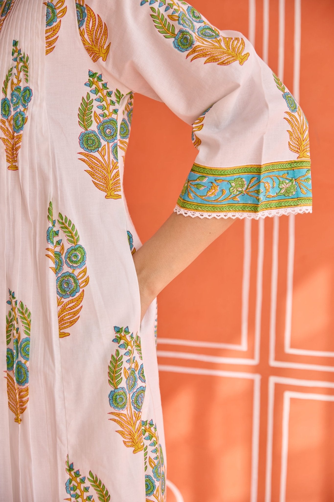 White Floral Green Hand Block Printed Co-ord Set - Tara-C-Tara